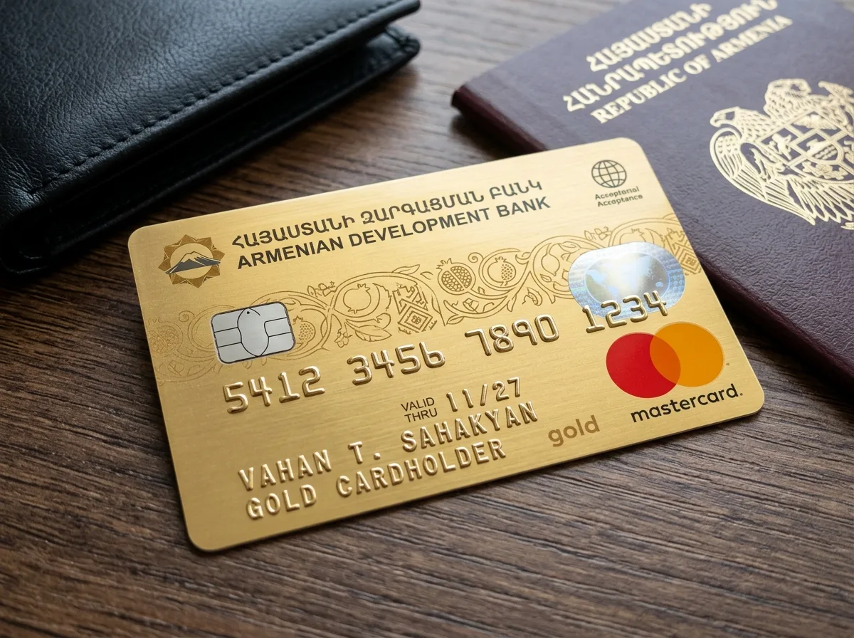Именная пластиковая карта Mastercard Gold армянского банка, логотип Mastercard, золотой дизайн